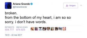 Ariane Grande deelde kort na de aanslag haar Ariane Grande deelde kort na de aanslag haar gevoelens met de slachtoffers